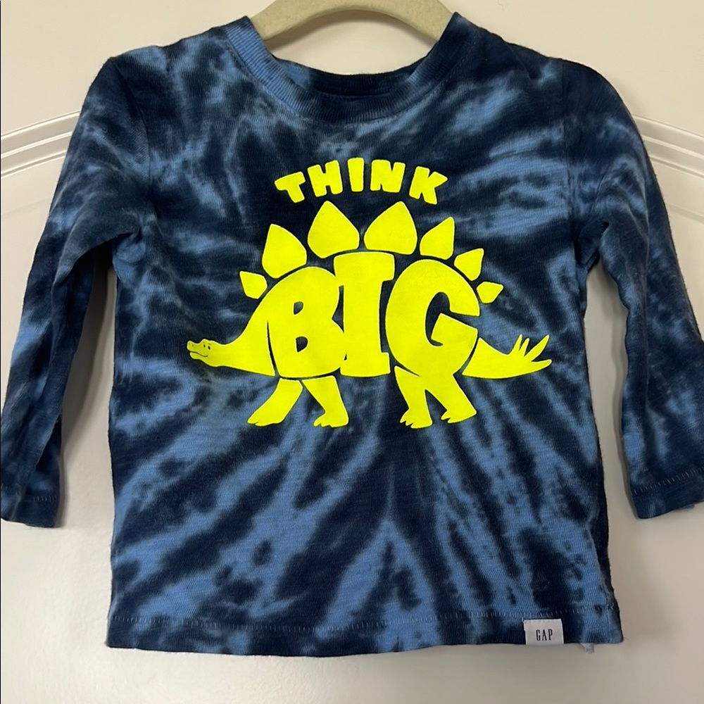 GAP | (12-18M) Blue Tie Dye and Yellow Long Sleeve Tee with Dinosaur Design